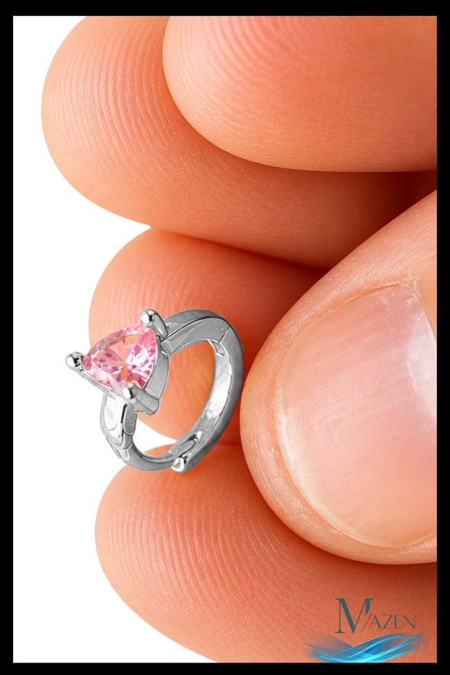 1 Adet Gümüş Renk Pembe Zirkon Taşlı Kalp Halka Küpe | 8 MM Çap | Helix Kıkırdak Piercing | Kararmaz
