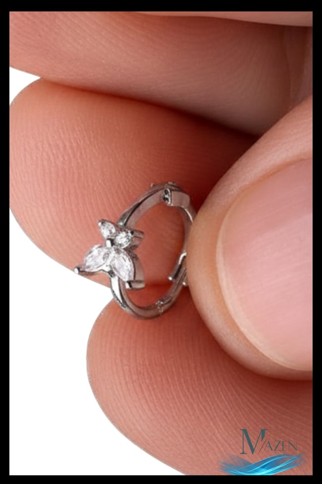 1 Adet Gümüş Renk Zirkon Taşlı Kelebek Halka Küpe | 8 MM Çap | Helix Kıkırdak Piercing | Kararmaz