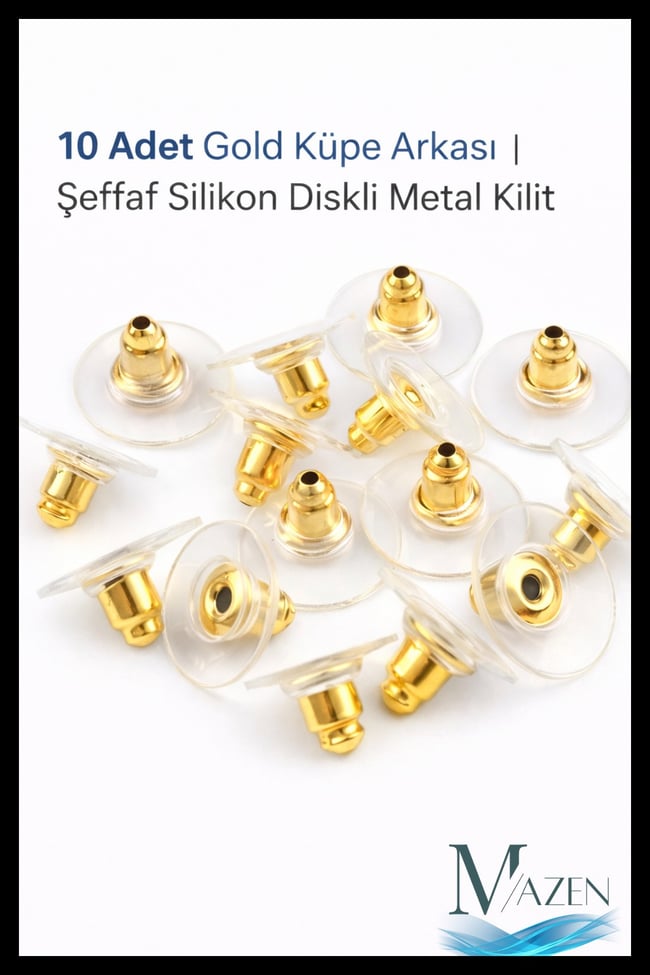 10 Adet Gold Küpe Arkası | Şeffaf Silikon Disk Destekli Metal Kilit Piston