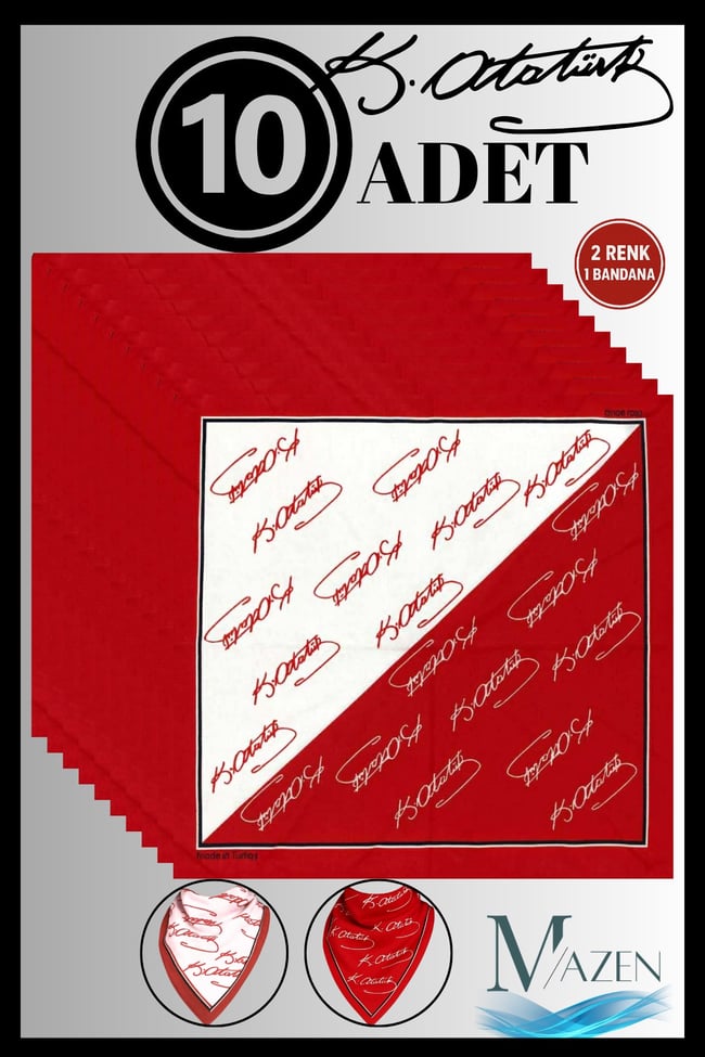 10’lu Atatürk İmzalı Pamuklu Çift Taraflı Bandana Fular | Kırmızı 50x50 | Okul Tören Gösteri