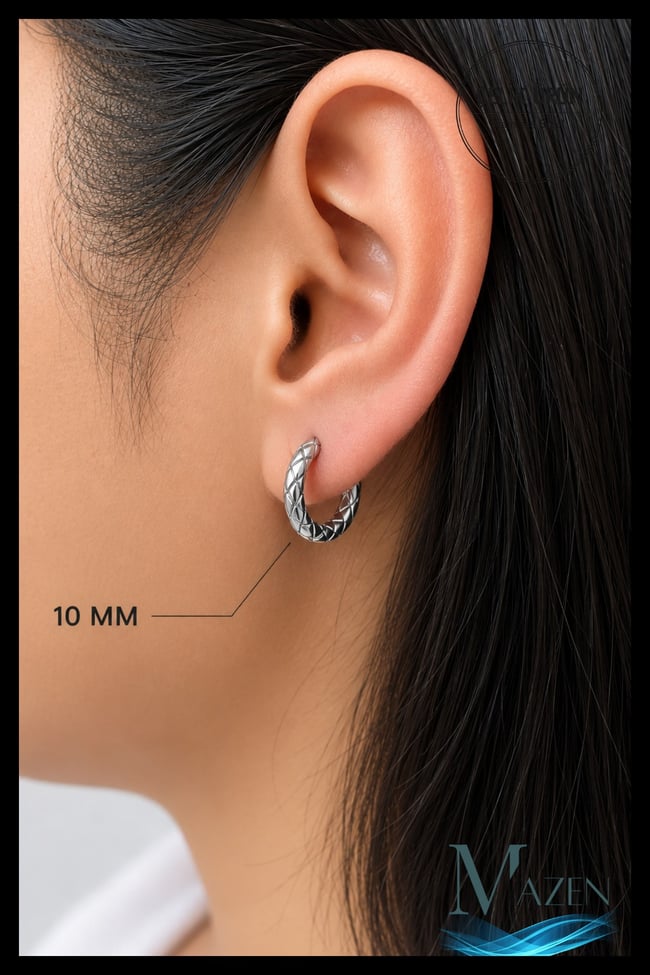 10 mm Geometrik Oyma Desenli Premium Çelik Halka Küpe Unisex Gümüş Renk