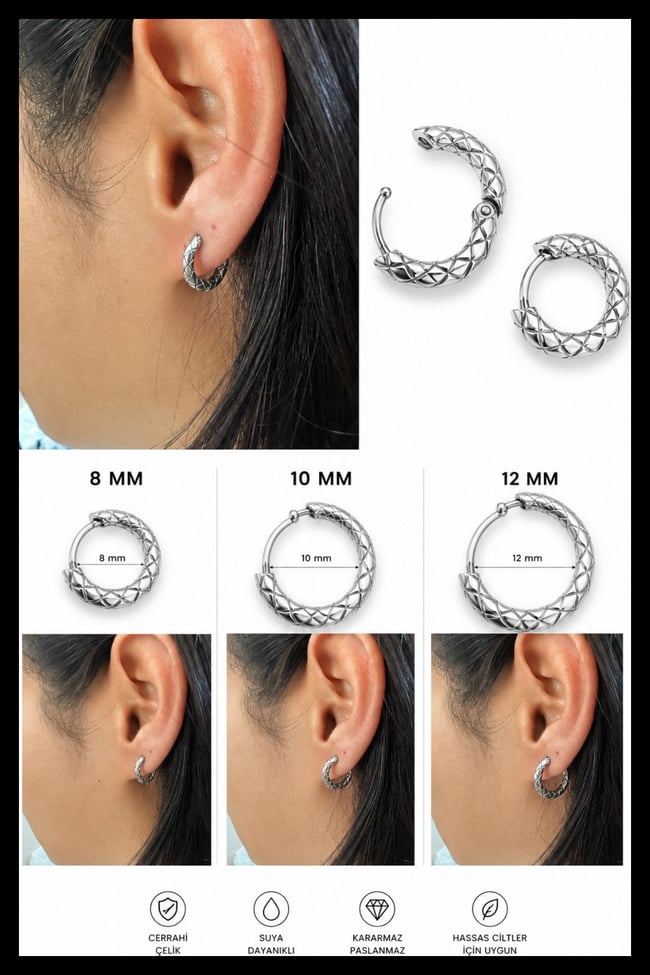 10 mm Geometrik Oyma Desenli Premium Çelik Halka Küpe Unisex Gümüş Renk
