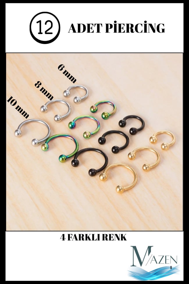 12 Adet Piercing Seti | 4 Renk 3 Boy Tam Set | Kararmaz %100 Cerrahi Çelik