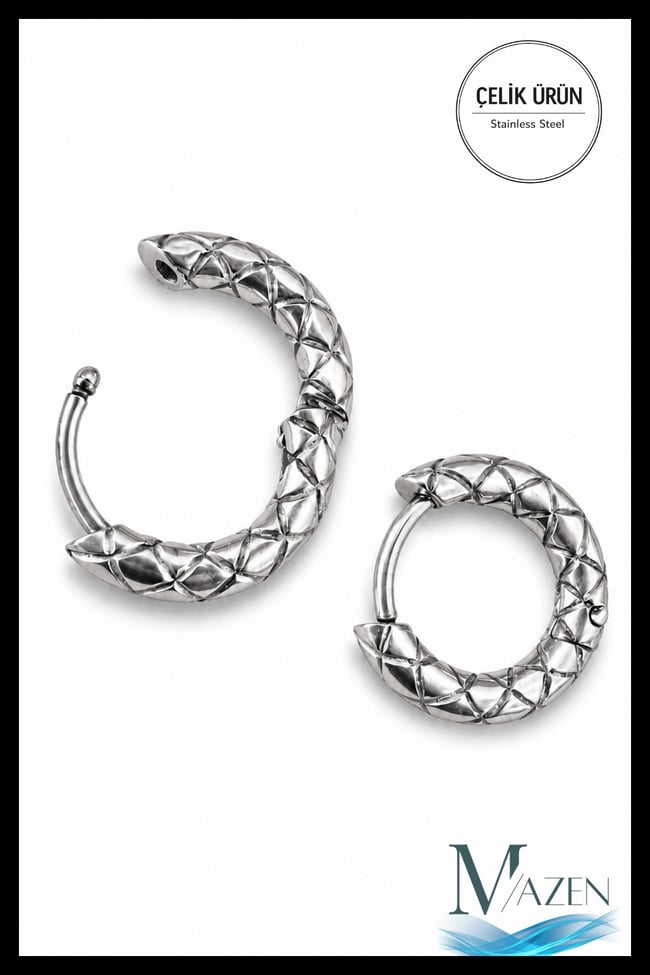 12 mm Geometrik Oyma Desenli Premium Çelik Halka Küpe Unisex Gümüş Renk