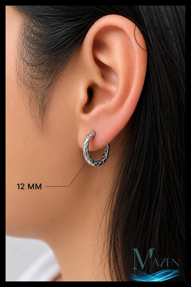 12 mm Geometrik Oyma Desenli Premium Çelik Halka Küpe Unisex Gümüş Renk