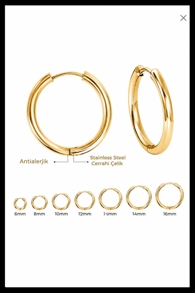 16 mm Cerrahi Çelik Kesitli Bar Kararmaz Halka Küpe Gold Renk Alerji Yapmaz