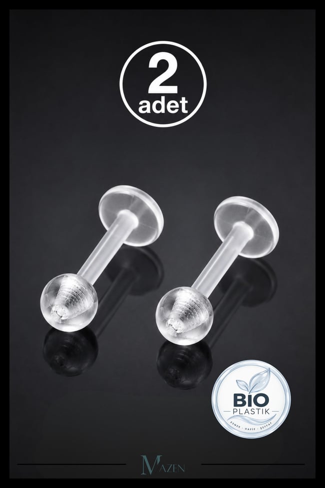 2 Adet Bioplastik Labret Piercing Şeffaf Esnek Flat Back Tragus Helix Dudak Piercing Seti