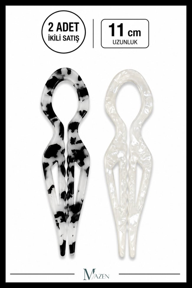 2 Adet Damla Model Hairpin Saç Topuz Tokası Çubuk Toka Siyah Beyaz 11 cm