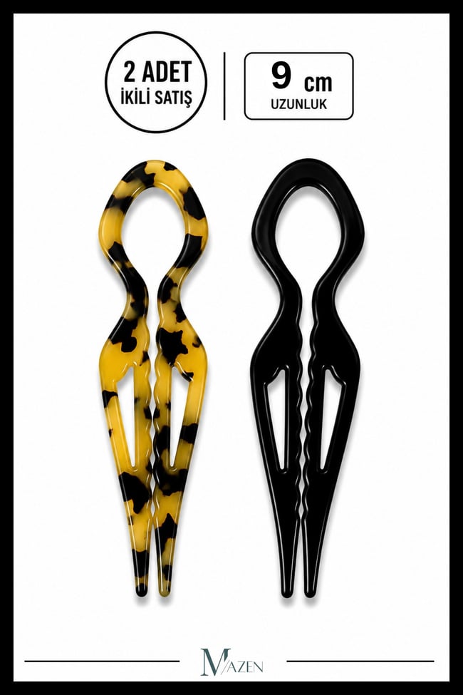 2 Adet Damla Model Hairpin Saç Topuz Tokası Çubuk Toka Siyah Leopar 9 cm