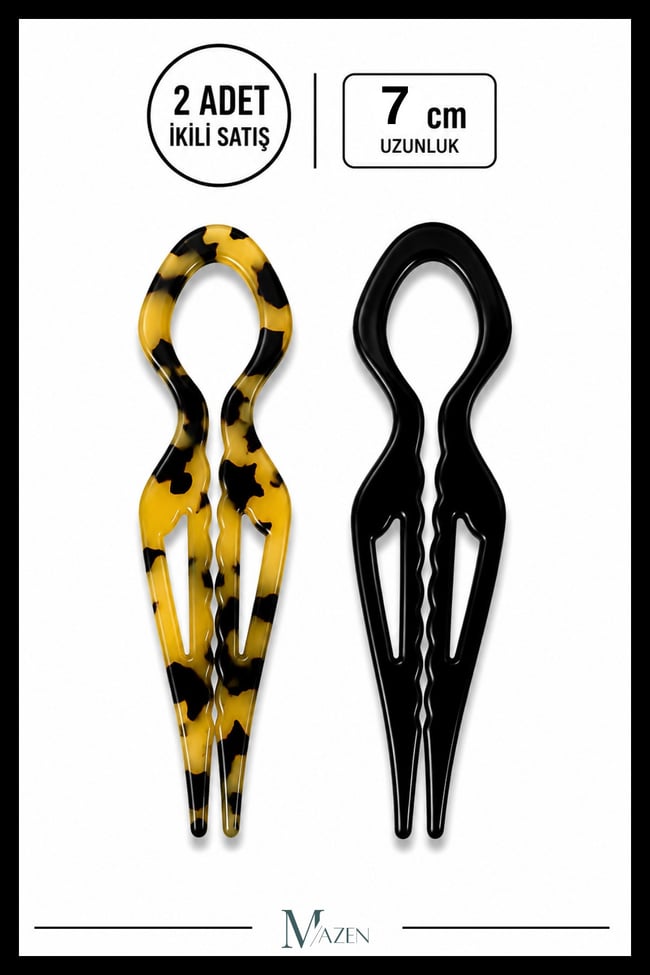 2 Adet Damla Model Hairpin Saç Topuz Tokası Çubuk Toka Siyah Leopar 7 cm