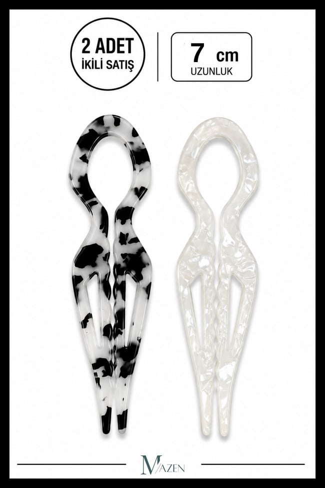 2 Adet Damla Model Hairpin Saç Topuz Tokası Çubuk Toka Siyah Beyaz 7 cm