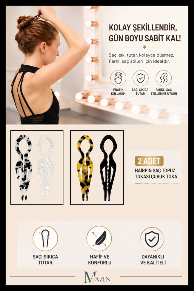 2 Adet Damla Model Hairpin Saç Topuz Tokası Çubuk Toka Siyah Leopar 7 cm