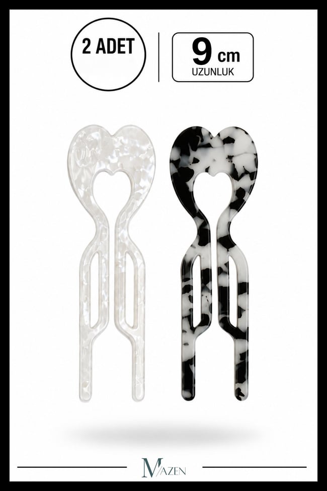 2 Adet Kalp Model Hairpin Saç Topuz Tokası Çubuk Toka Siyah Beyaz 9 cm