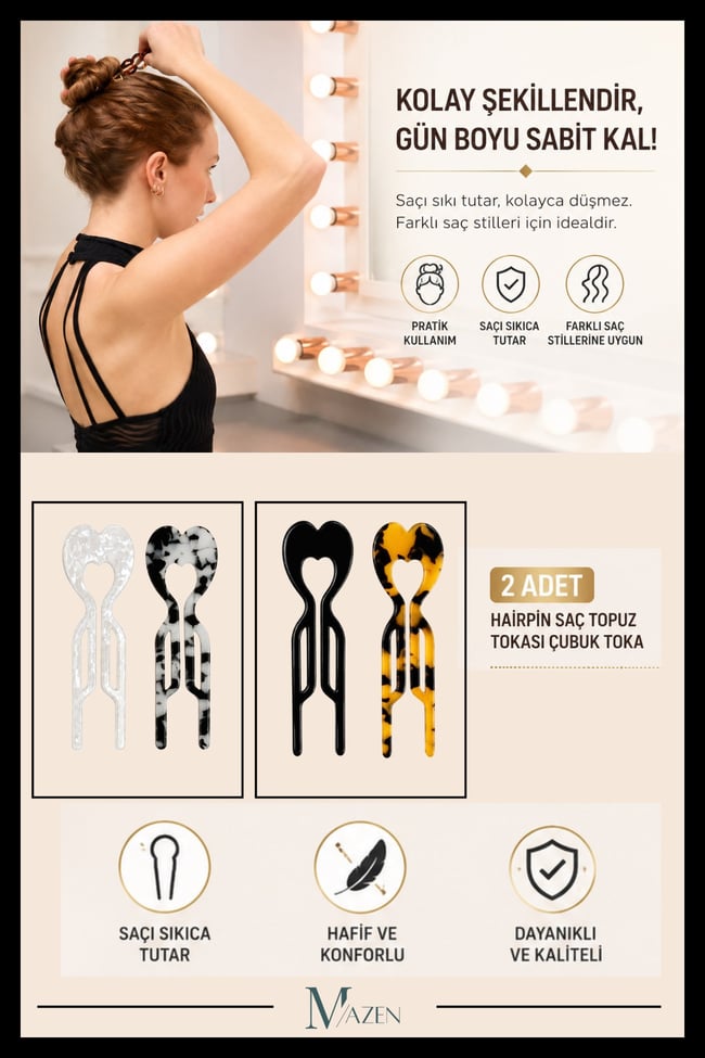 2 Adet Kalp Model Hairpin Saç Topuz Tokası Çubuk Toka Siyah Beyaz 9 cm