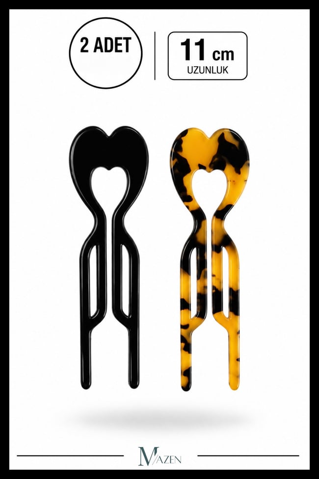 2 Adet Kalp Model Hairpin Saç Topuz Tokası Çubuk Toka Siyah Leopar 11 cm
