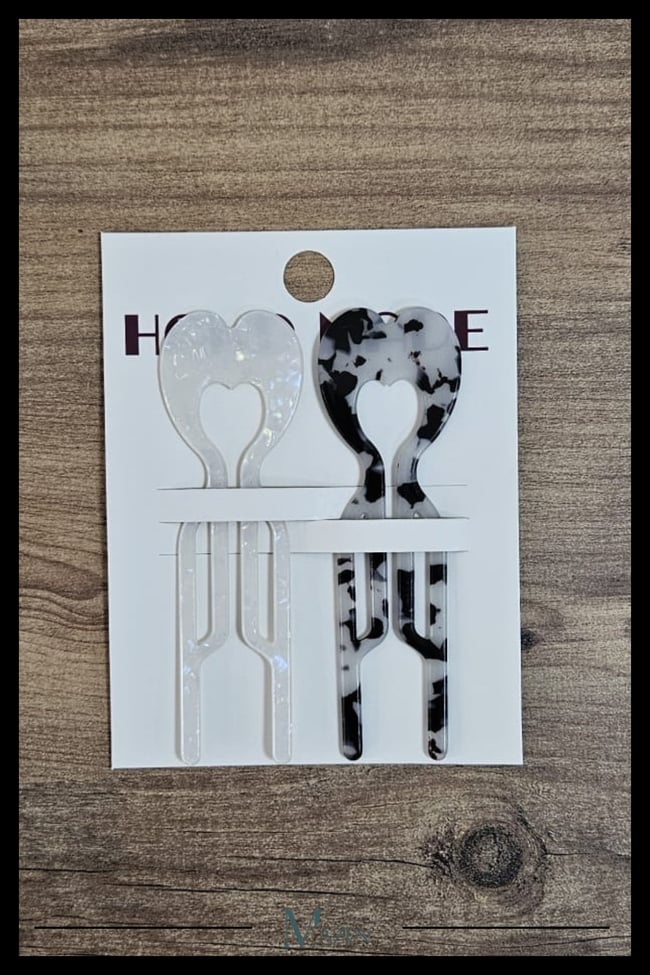2 Adet Kalp Model Hairpin Saç Topuz Tokası Çubuk Toka Siyah Beyaz 11 cm
