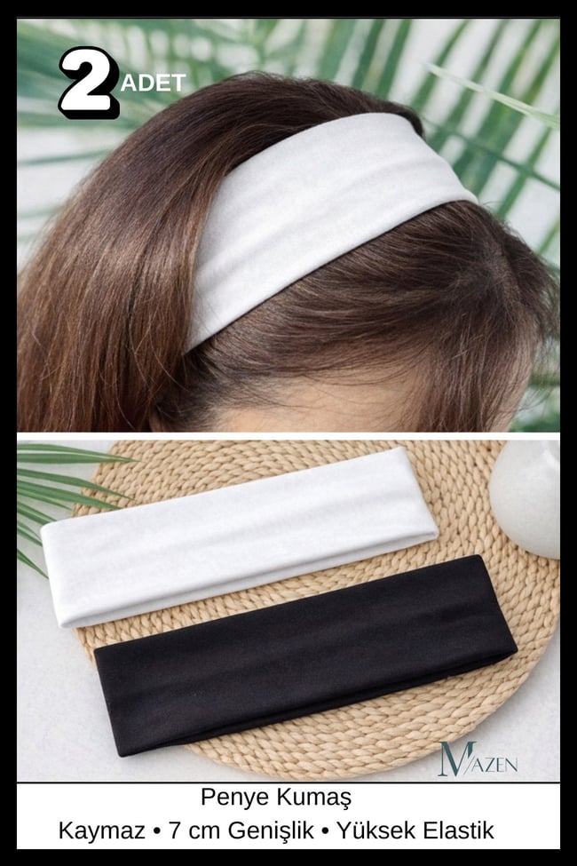 2 Adet Siyah-Beyaz Çok Amaçlı Penye Sporcu Bandı Saç Kafa Bandanası Yoga Ter Bandı Unisex