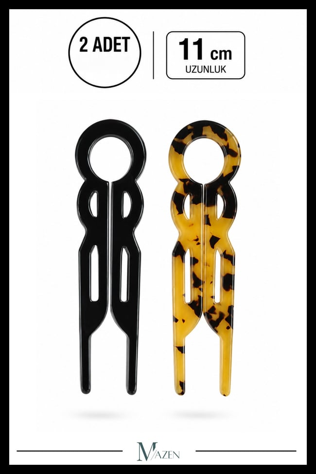2 Adet Yuvarlak Model Hairpin Saç Topuz Tokası Çubuk Toka Siyah Leopar 11 cm