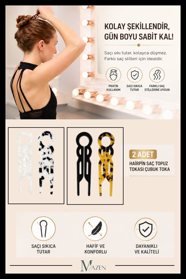 2 Adet Yuvarlak Model Hairpin Saç Topuz Tokası Çubuk Toka Siyah Leopar 11 cm