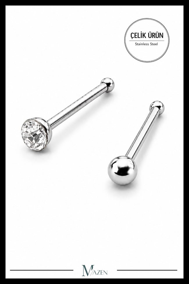 2’li Çelik Hızma Seti | Toplu & Zirkon Taşlı | 3 mm | Kararmaz Burun Piercing
