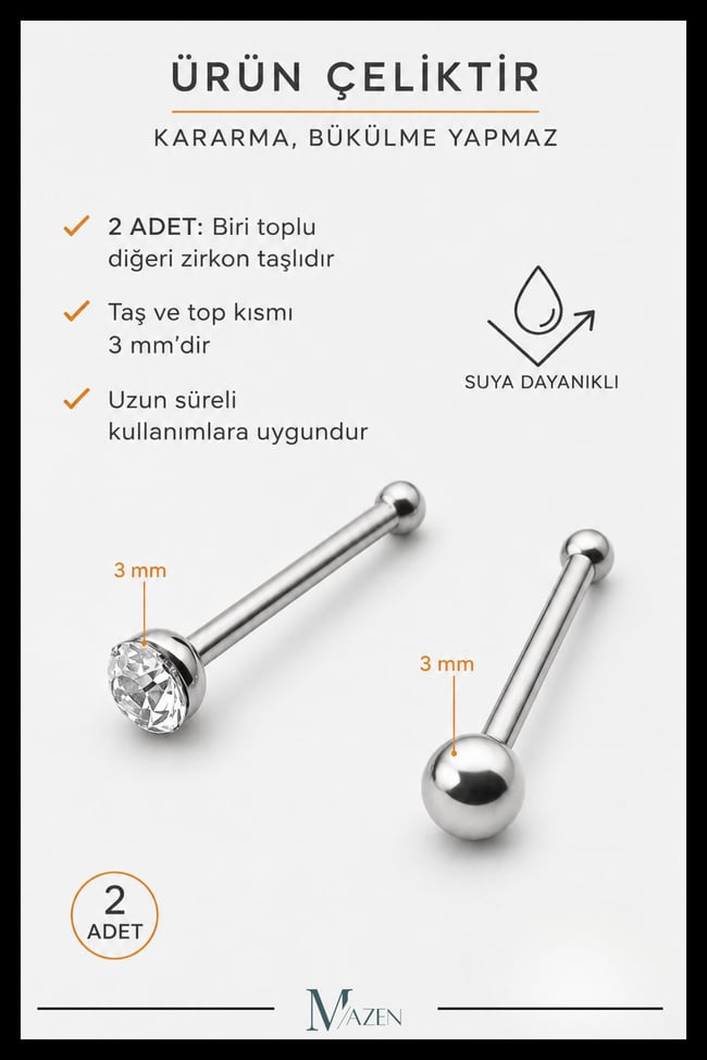 2’li Çelik Hızma Seti | Toplu & Zirkon Taşlı | 3 mm | Kararmaz Burun Piercing