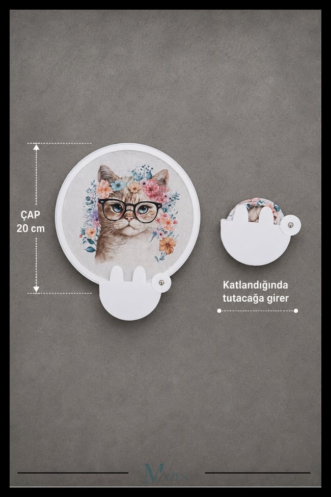 20 cm Katlanabilir Yelpaze Çiçekli Gözlüklü Kedi Desenli Taşınabilir El Yelpazesi