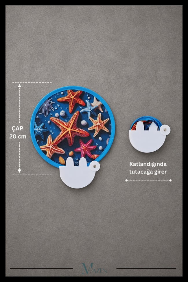 20 cm Katlanabilir Yelpaze Mercan Deniz Yıldızı Desenli Taşınabilir El Yelpazesi