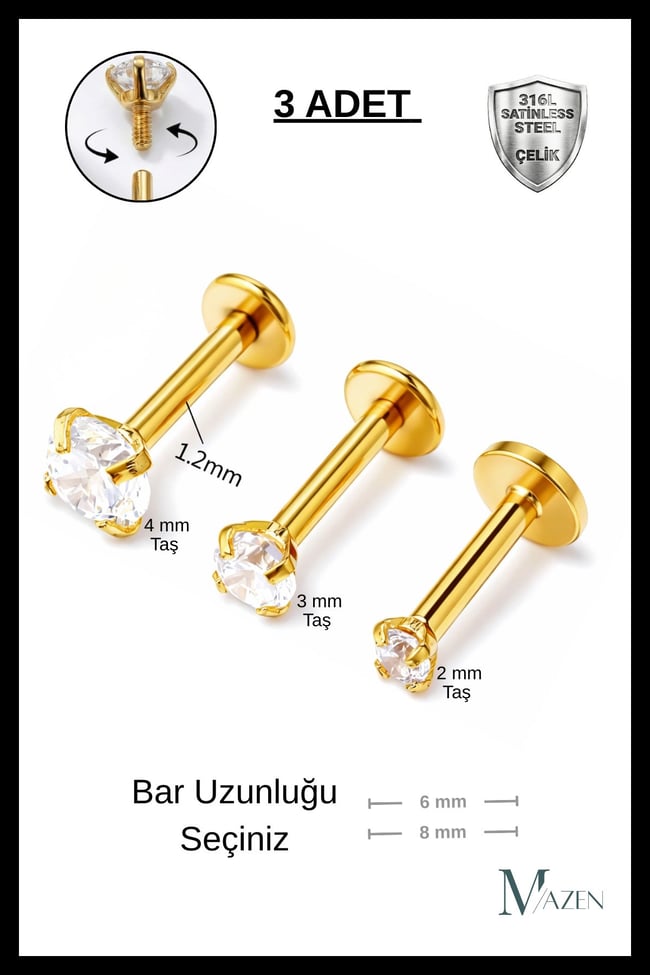 3 Adet Cerrahi Çelik Taşlı Tragus, Helix, Dudak, Kıkırdak Piercing ( Bar Uzunluğu Seçiniz )