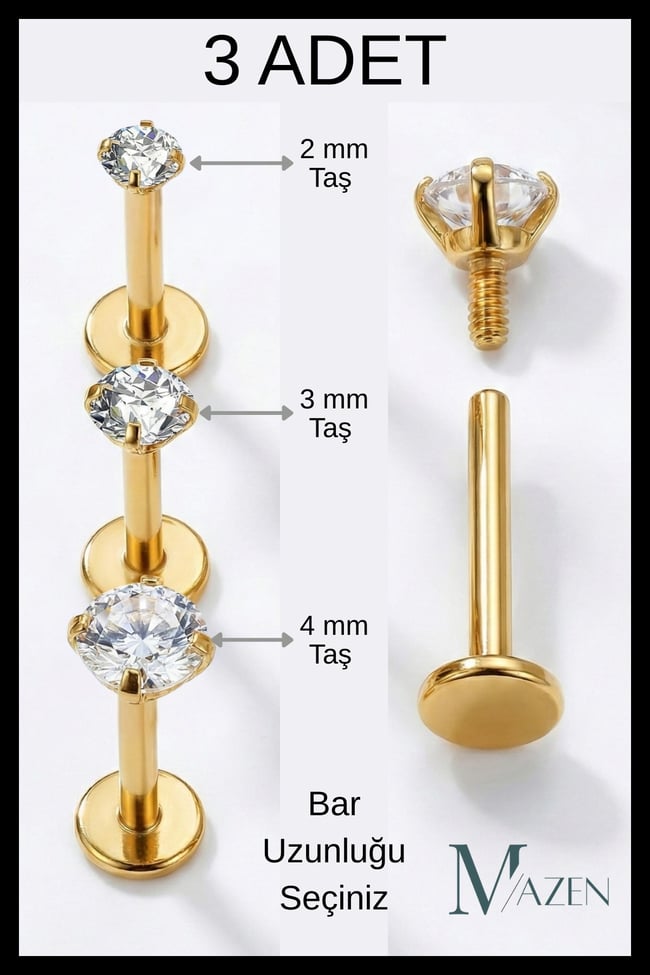3 Adet Cerrahi Çelik Taşlı Tragus, Helix, Dudak, Kıkırdak Piercing ( Bar Uzunluğu Seçiniz )
