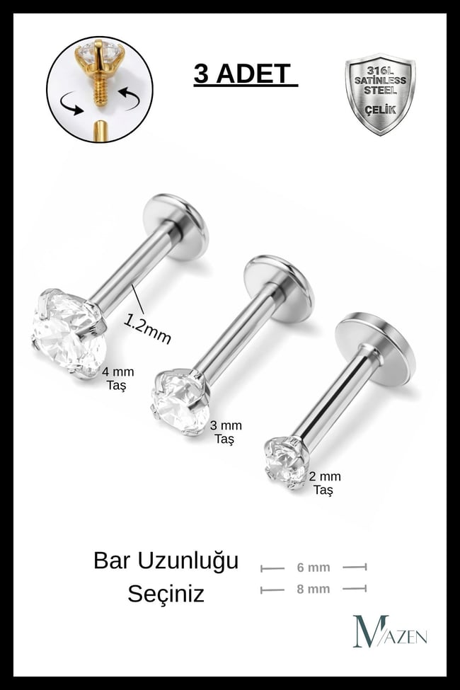 3 Adet Cerrahi Çelik Taşlı Tragus, Helix, Dudak, Kıkırdak Piercing ( Bar Uzunluğu Seçiniz )