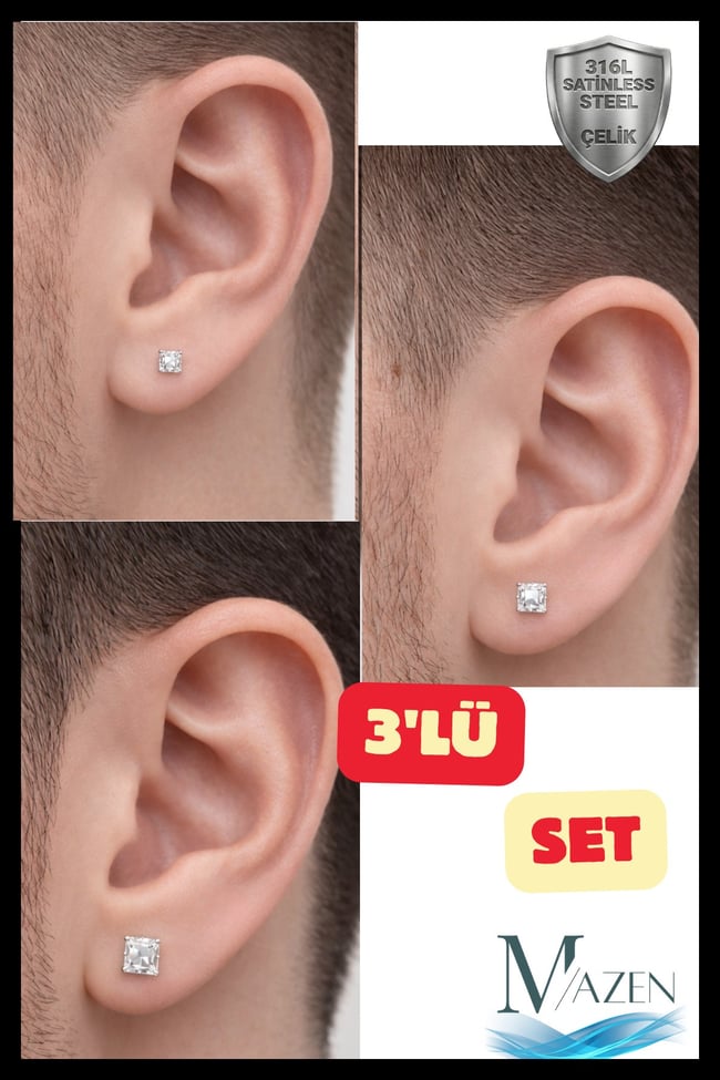 3 Adet Kare Taşlı Unisex Çelik Küpe Seti | 3mm 4mm 5mm | Gümüş Renk