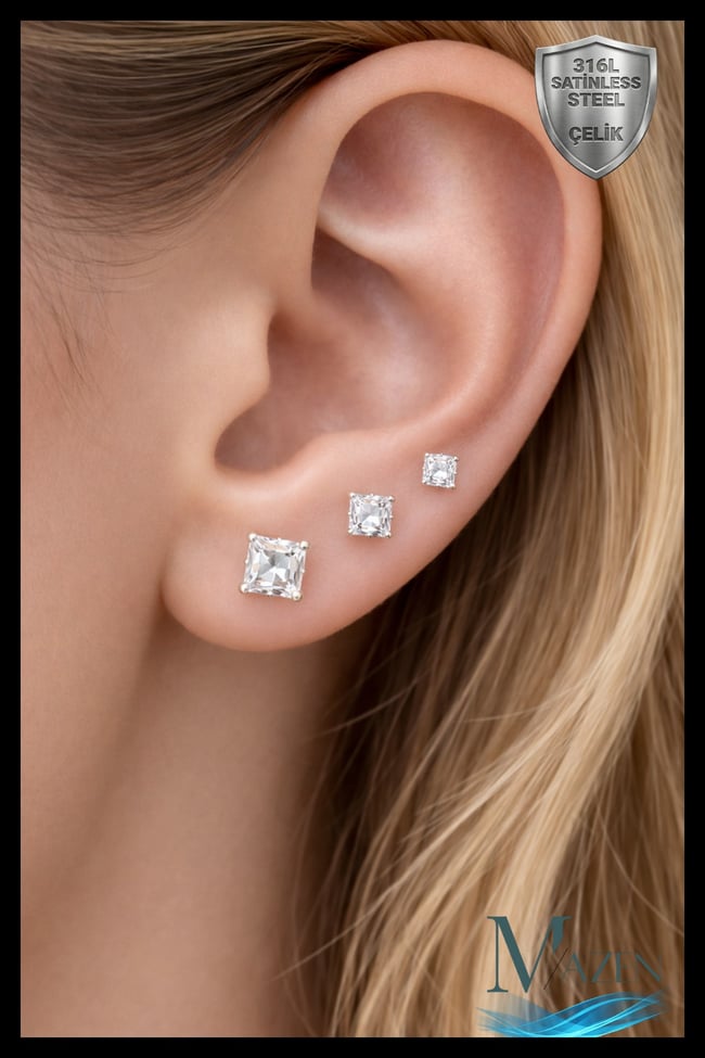 3 Adet Kare Taşlı Unisex Çelik Küpe Seti | 3mm 4mm 5mm | Gümüş Renk