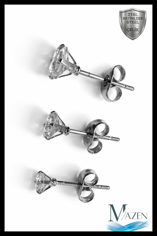 3 Adet Kare Taşlı Unisex Çelik Küpe Seti | 3mm 4mm 5mm | Gümüş Renk