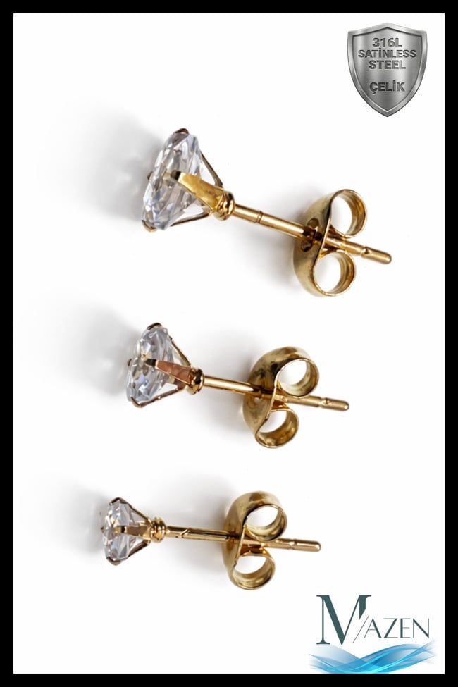 3 Adet Kare Taşlı Unisex Çelik Küpe Seti | 3mm 4mm 5mm | Gold Renk
