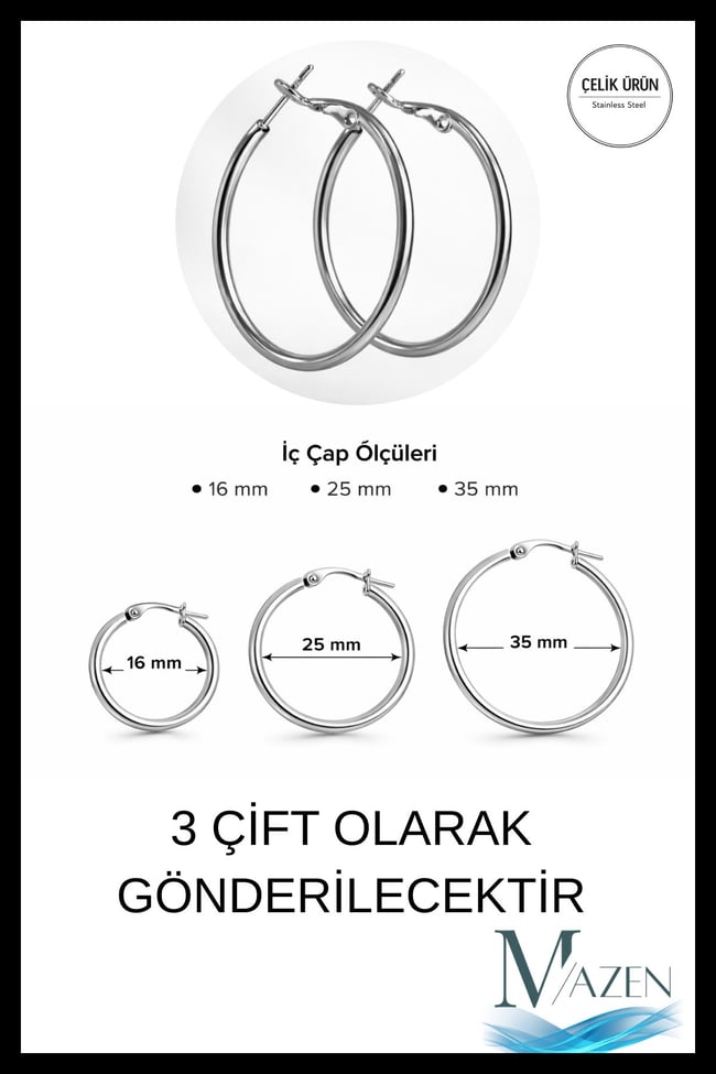 3 Boy Halka Küpe Seti | Paslanmaz Çelik | 16-25-35 mm İç Çap | Kadın Çelik Küpe