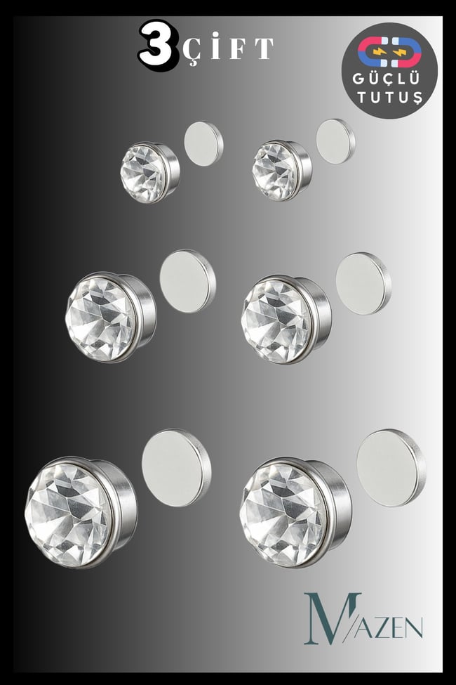 3 Çift Mıknatıslı Tek Taş Küpe | Güçlü Tutuş | Deliksiz Kullanım | Unisex Aksesuar (2 - 4 - 6 mm )