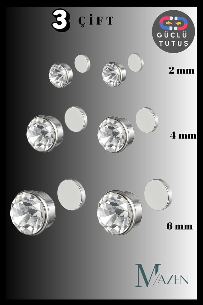 3 Çift Mıknatıslı Tek Taş Küpe | Güçlü Tutuş | Deliksiz Kullanım | Unisex Aksesuar (2 - 4 - 6 mm )