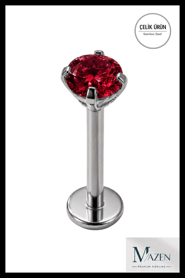 3 mm Koyu Kırmızı Taşlı 6 mm Kısa Barlı Cerrahi Çelik Piercing Tragus Helix Labret Gümüş Renk