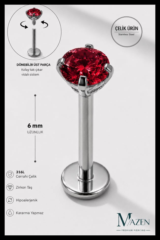 3 mm Koyu Kırmızı Taşlı 6 mm Kısa Barlı Cerrahi Çelik Piercing Tragus Helix Labret Gümüş Renk