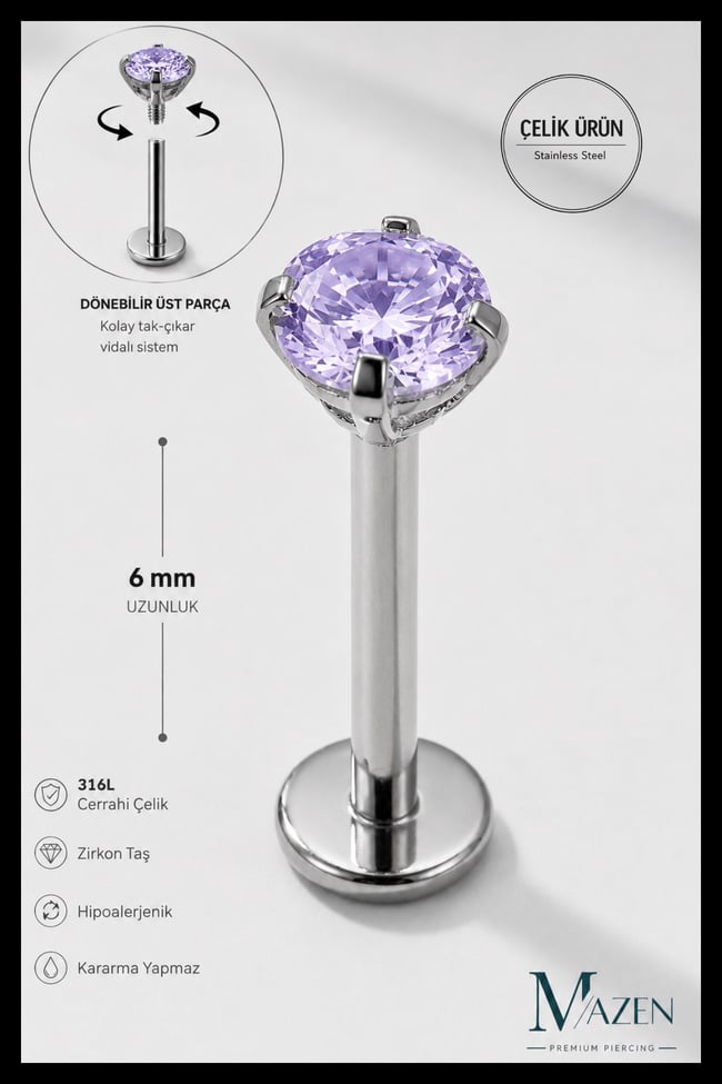3 mm Lila Taşlı, 6 mm Kısa Barlı, Cerrahi Çelik Piercing Tragus Helix Labret Gümüş Renk
