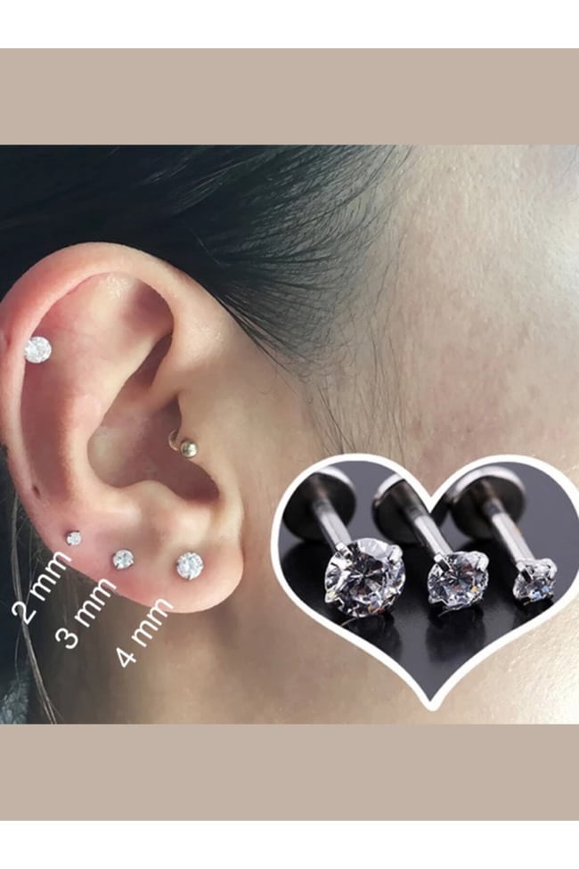 3 mm Lila Taşlı, 6 mm Kısa Barlı, Cerrahi Çelik Piercing Tragus Helix Labret Gümüş Renk