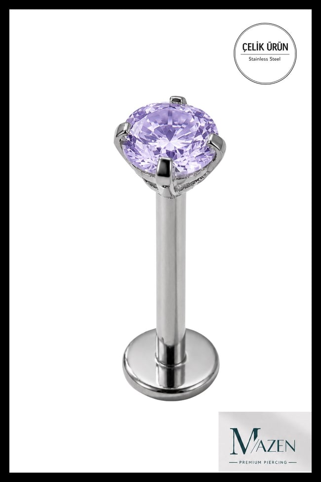 3 mm Lila Taşlı, 6 mm Kısa Barlı, Cerrahi Çelik Piercing Tragus Helix Labret Gümüş Renk