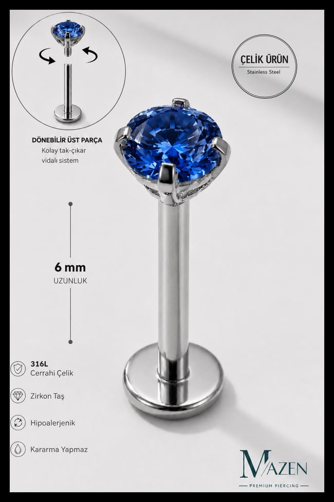 3 mm Saks Mavi Taşlı, 6 mm Kısa Barlı, Cerrahi Çelik Piercing Tragus Helix Labret Gümüş Renk