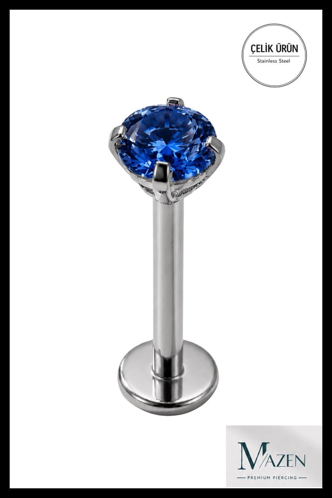 3 mm Saks Mavi Taşlı, 6 mm Kısa Barlı, Cerrahi Çelik Piercing Tragus Helix Labret Gümüş Renk