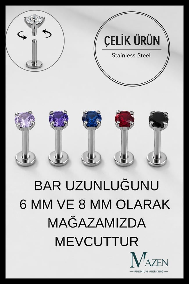 3 mm Saks Mavi Taşlı, 6 mm Kısa Barlı, Cerrahi Çelik Piercing Tragus Helix Labret Gümüş Renk