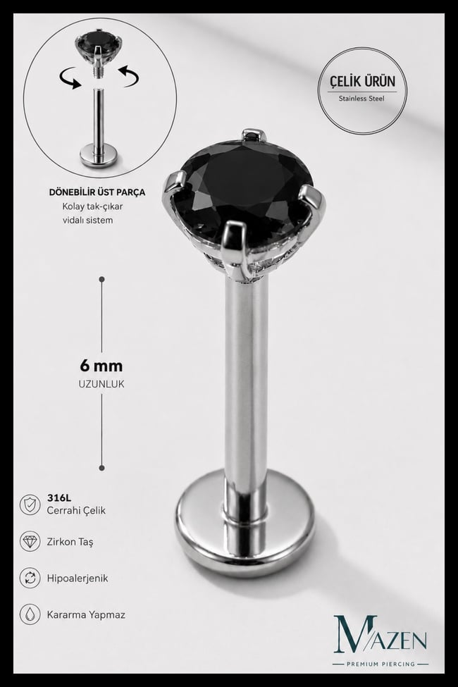 3 mm Siyah Taşlı, 6 mm Kısa Barlı, Cerrahi Çelik Piercing Tragus Helix Labret Gümüş Renk