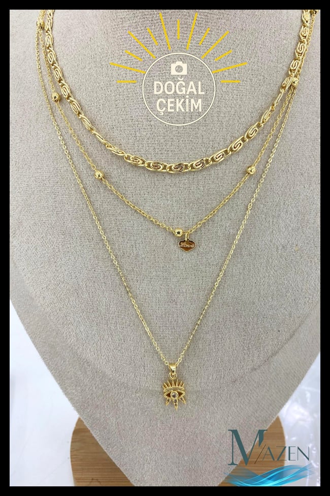 3 Sıralı Kalp ve Göz Figürlü Gold Renk Kolye | Kadın Takı