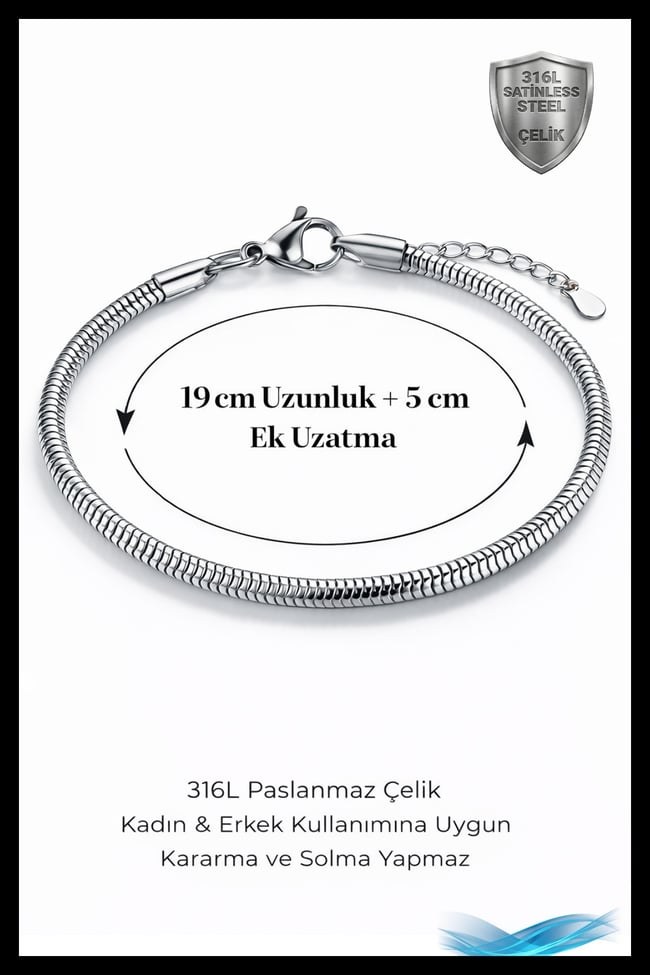 316 L Yılan Çelik Unisex Bileklik, Kararmaz Solmaz 3 mm