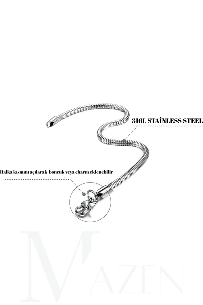 316 L Yılan Çelik Unisex Bileklik, Kararmaz Solmaz 3 mm