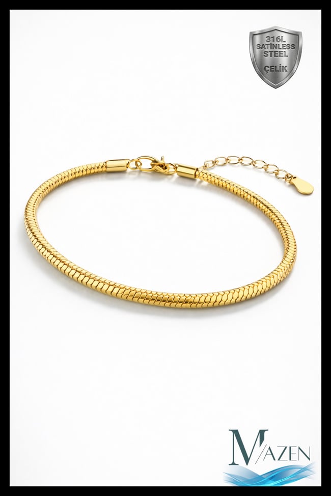 316 L Yılan Çelik Unisex Bileklik, Kararmaz Solmaz 3 mm Gold Reng